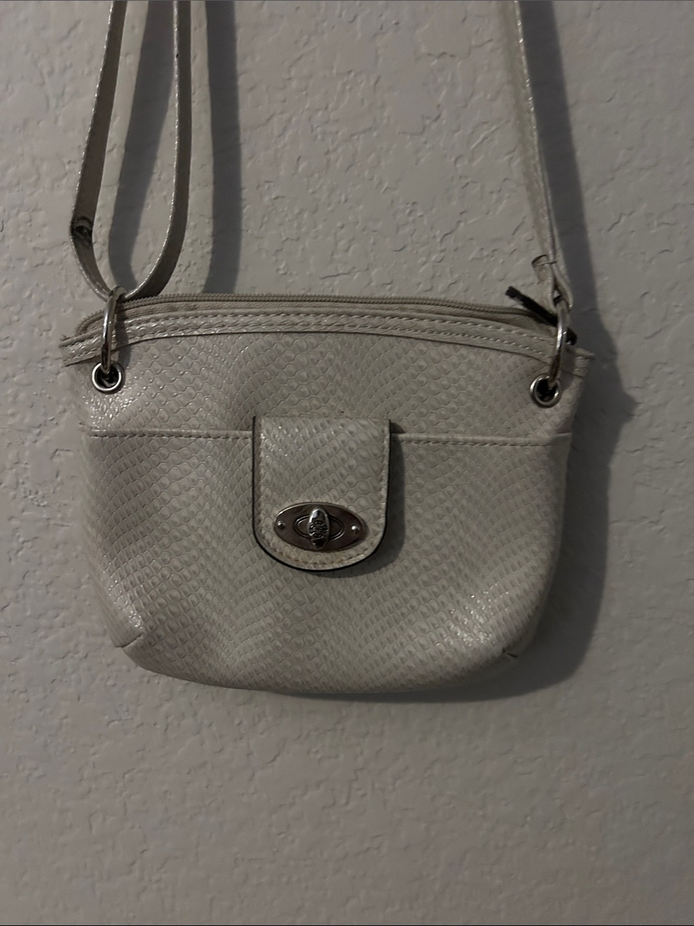 Textured Cream Crossbody Bag with Turn-Lock Flap